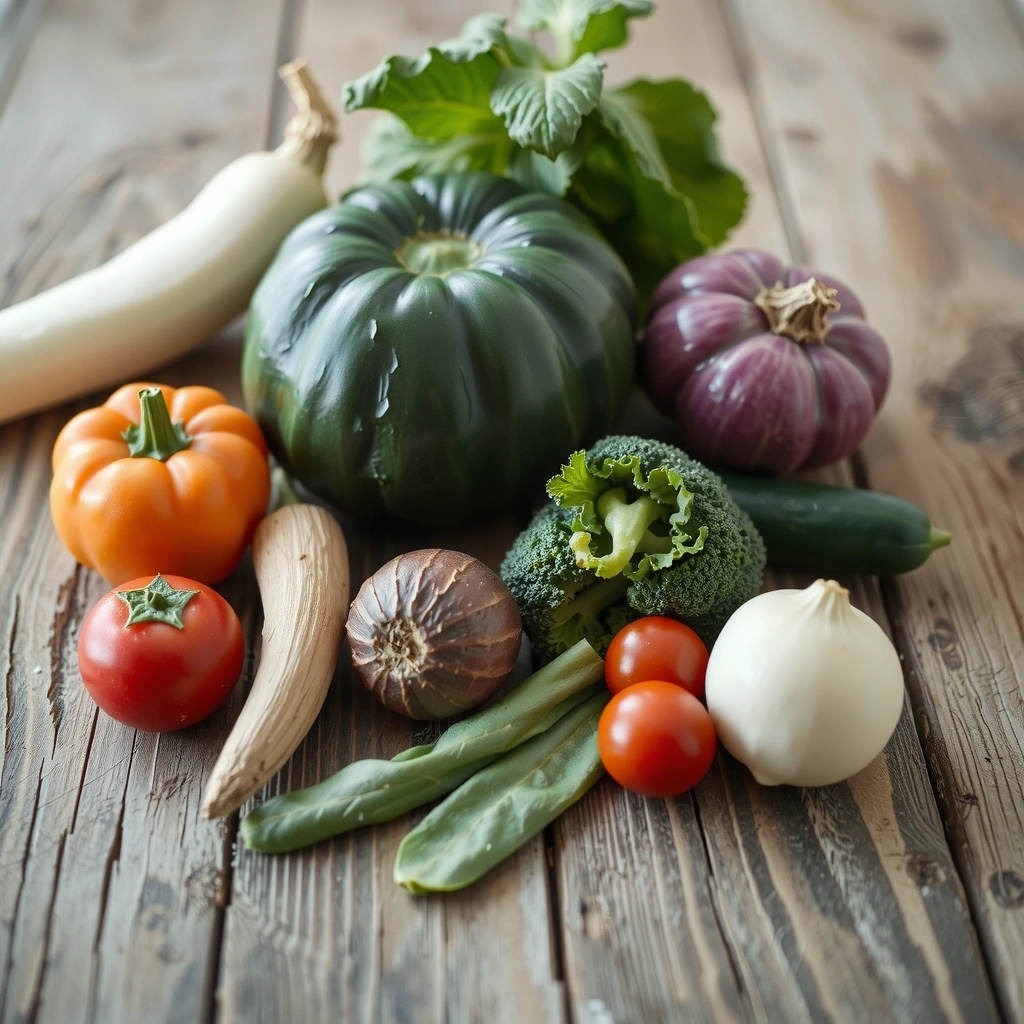 Frisches Gemüse auf Holztisch im natürlichen Licht